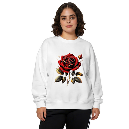 Bold Red Rose With Golden Leaves Crewneck Sweatshirt