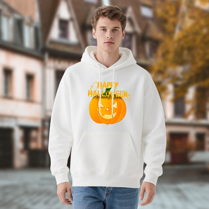 Happy Halloween Pumpkin Soft White Hoodie, Holiday Comfort Outfit