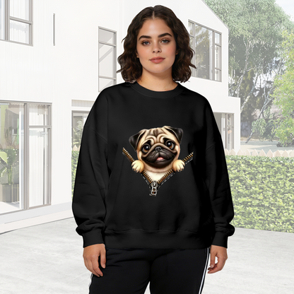 Adorable Pug Peeking From Zipper Design Crewneck Sweatshirt