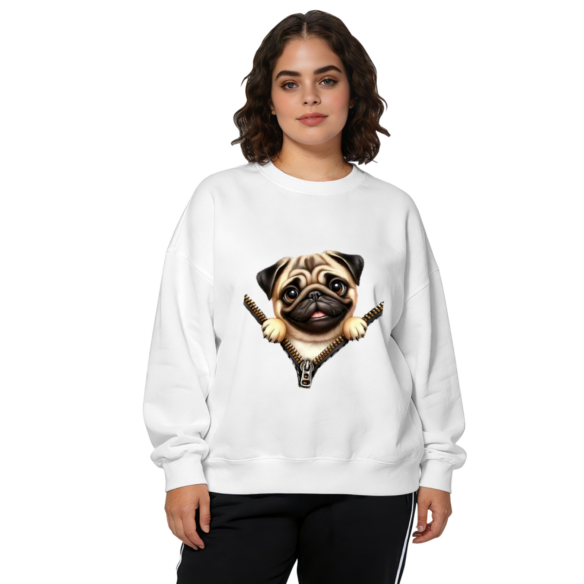 Adorable Pug Peeking From Zipper Design Crewneck Sweatshirt