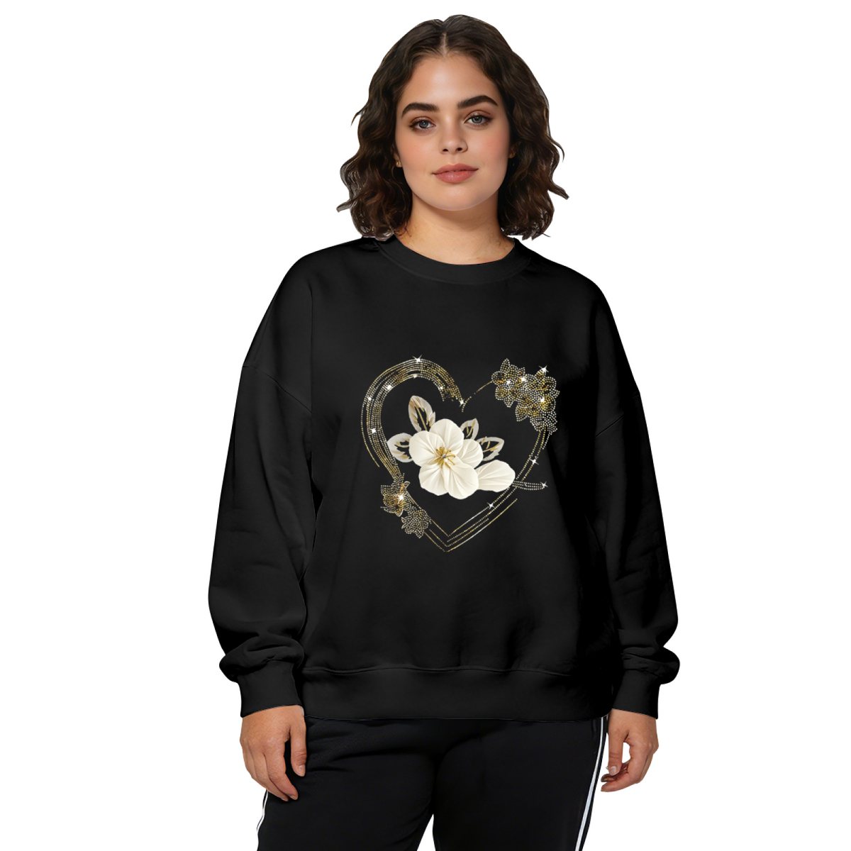 Rhinestone?Style Heart With White Floral Crewneck Sweatshirt