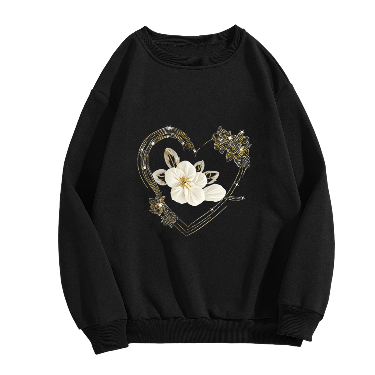 Rhinestone?Style Heart With White Floral Crewneck Sweatshirt