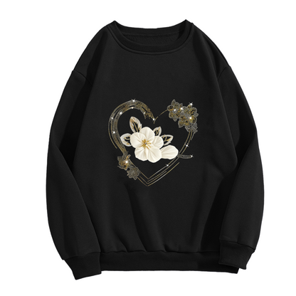 Rhinestone?Style Heart With White Floral Crewneck Sweatshirt