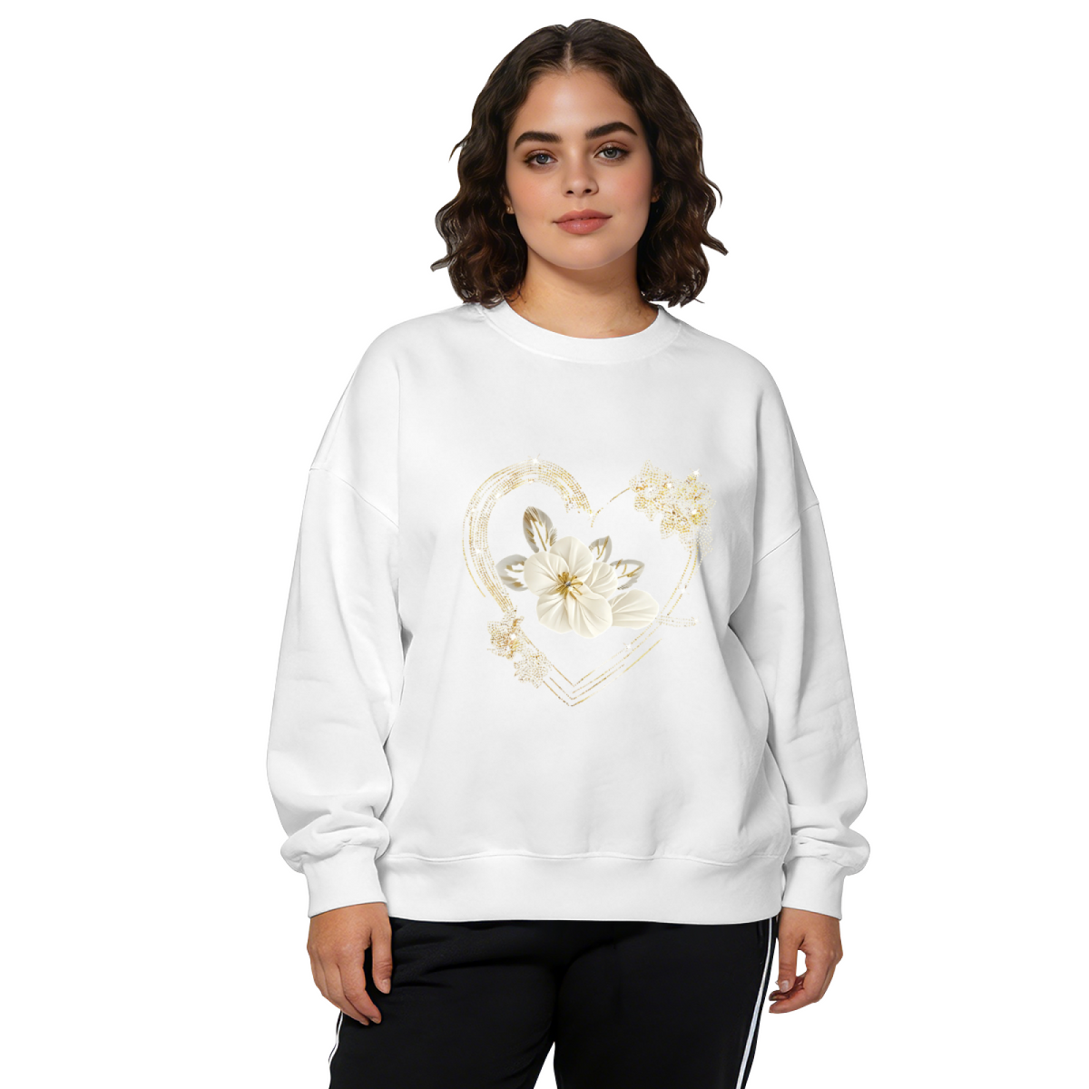 Rhinestone?Style Heart With White Floral Crewneck Sweatshirt