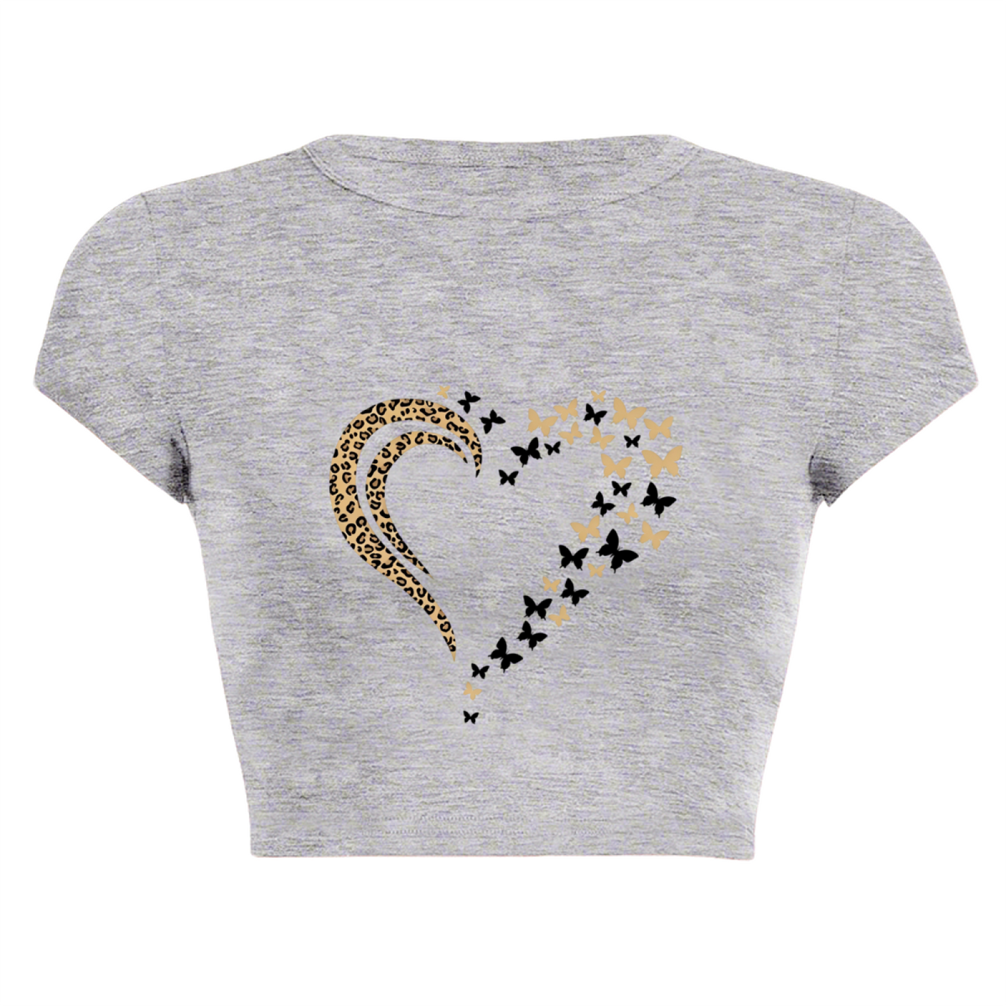 Leopard Butterfly Hollow Heart Girly Grey Crop Top