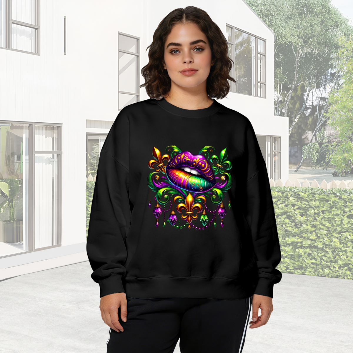 Vibrant Mardi Gras Lips Carnival Theme Crewneck Sweatshirt