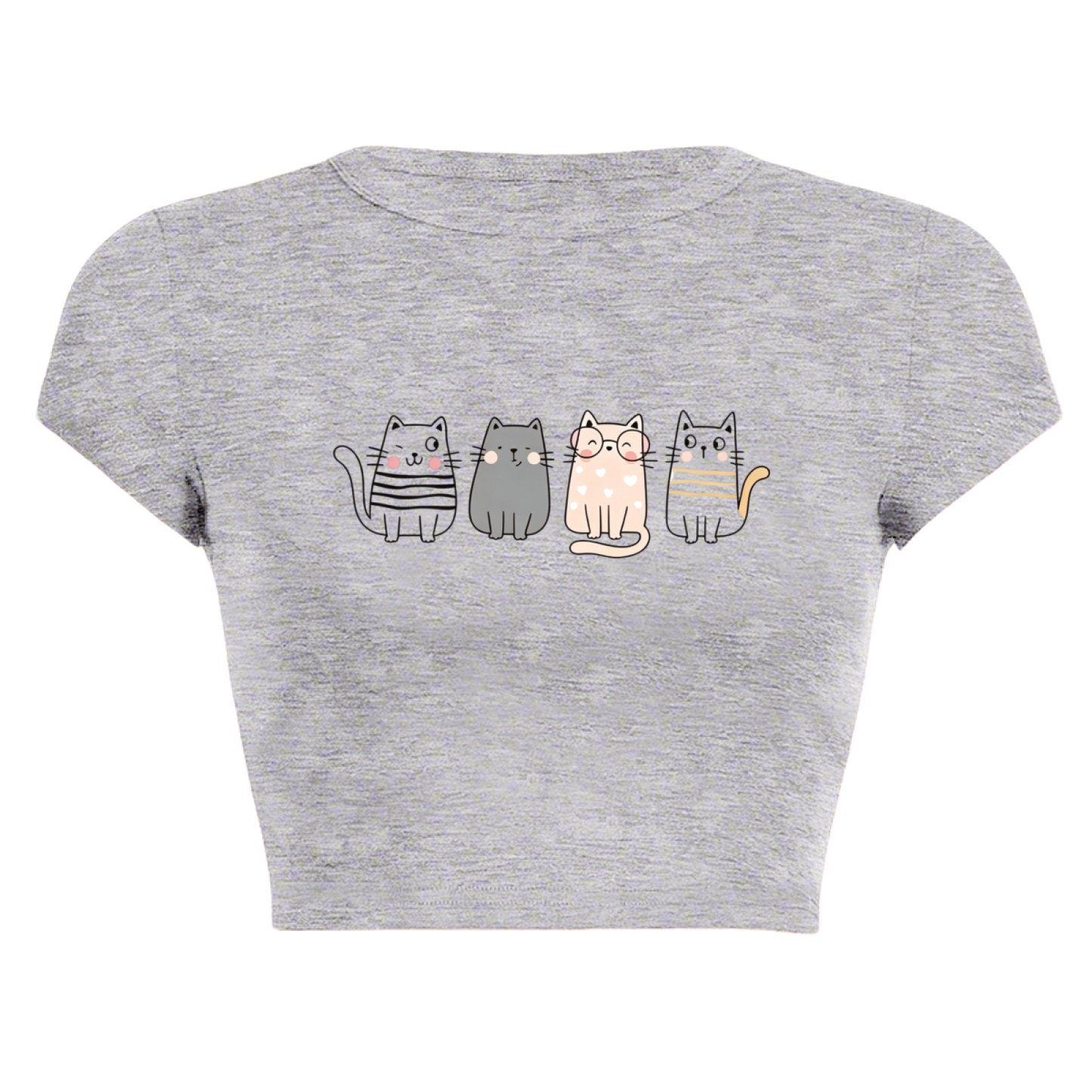 Four Lovely Cartoon Kittens Heather Grey Crop Top ¨C Soft Kawaii Daily Tee 5.