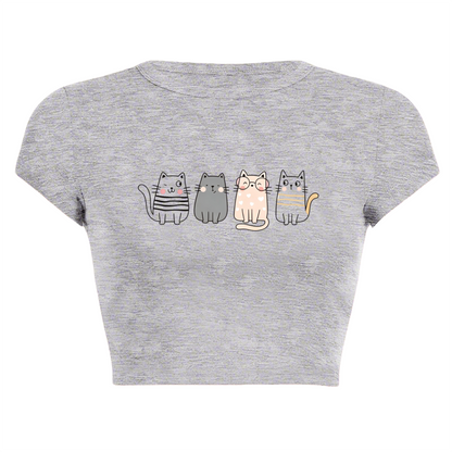 Four Lovely Cartoon Kittens Heather Grey Crop Top ¨C Soft Kawaii Daily Tee 5.