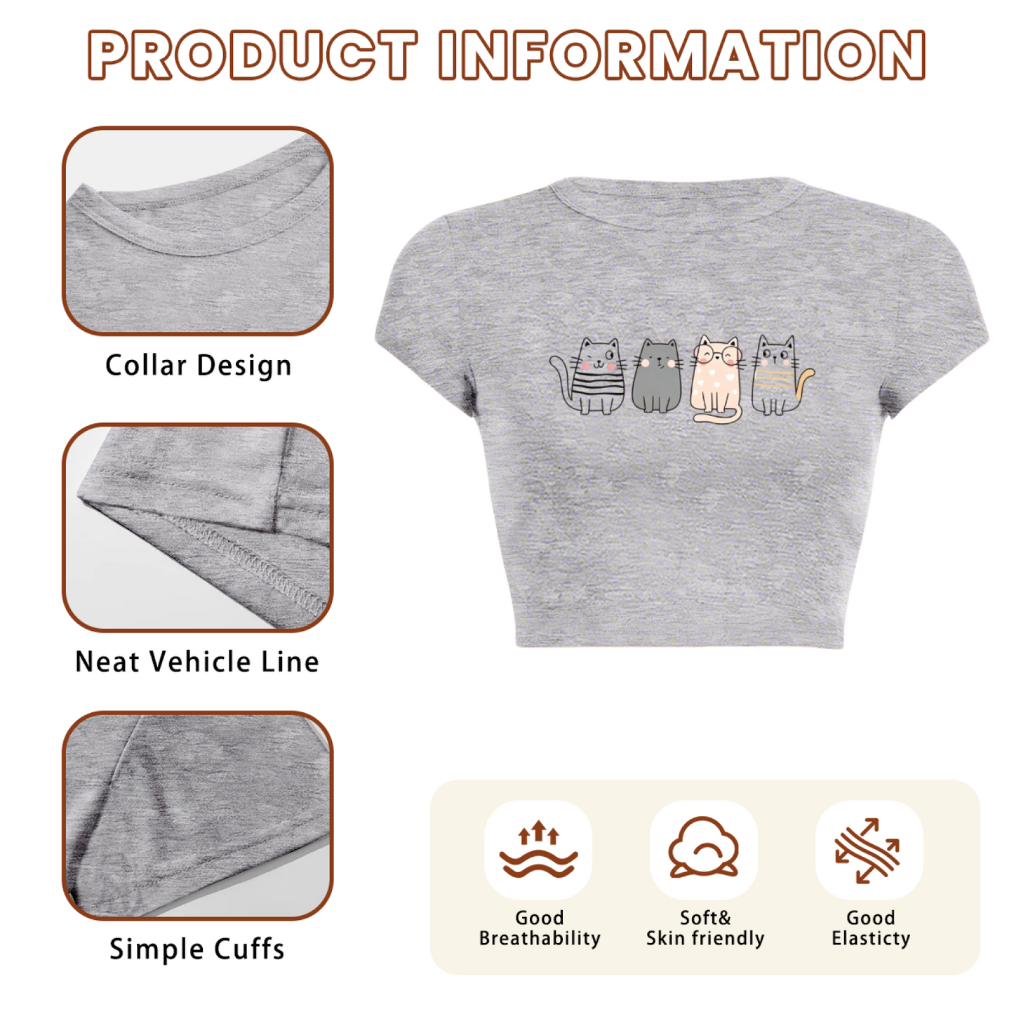 Four Lovely Cartoon Kittens Heather Grey Crop Top ¨C Soft Kawaii Daily Tee 5.
