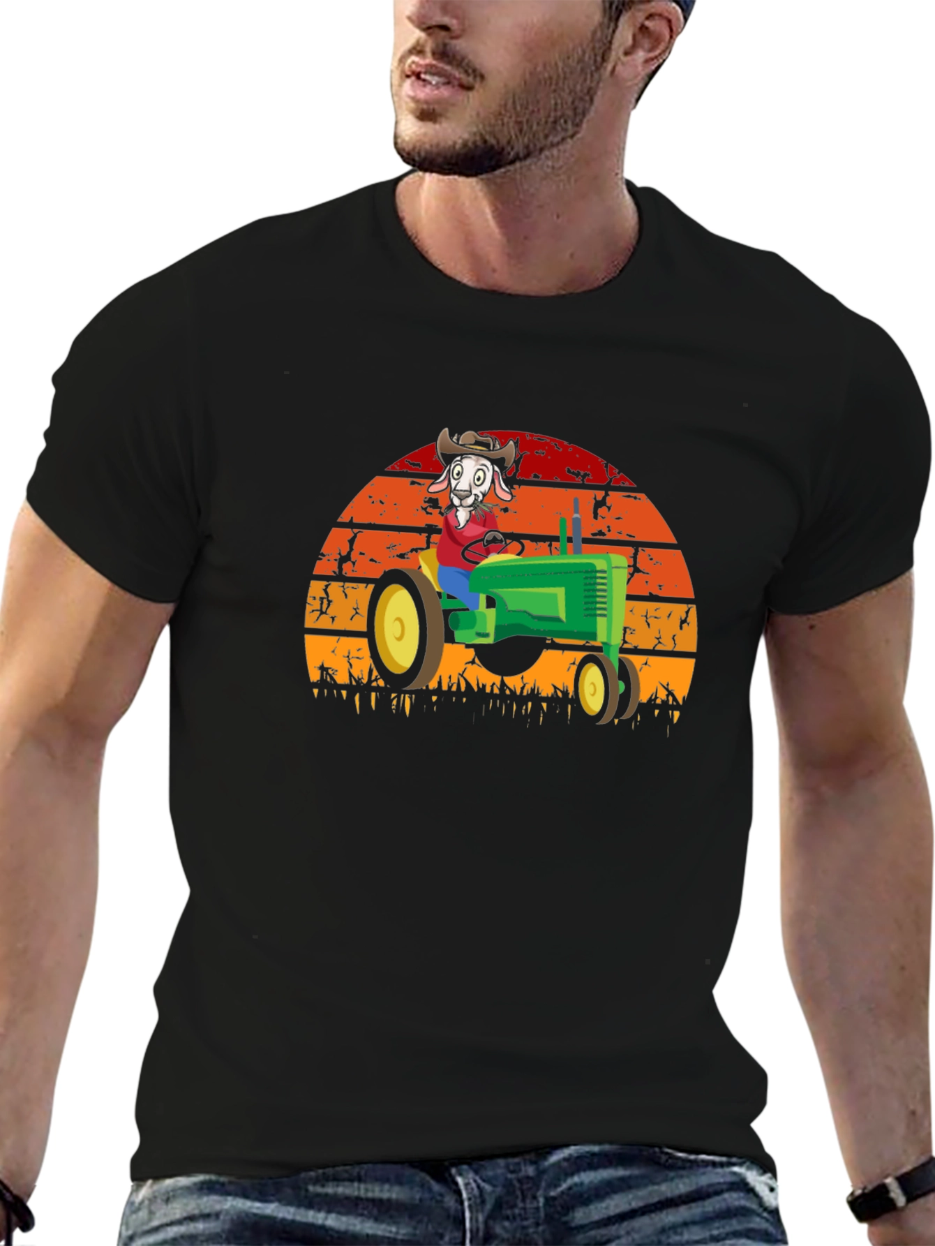 Funny Goat Farmer T-Shirt - Tractor Sunset Design