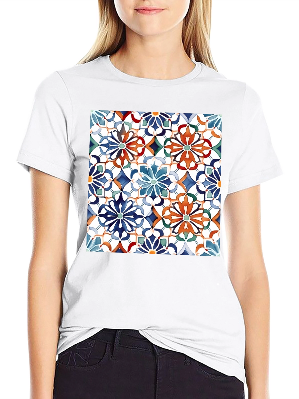 Floral Mosaic Print Black T-Shirt