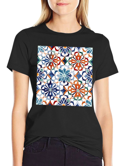 Floral Mosaic Print Black T-Shirt