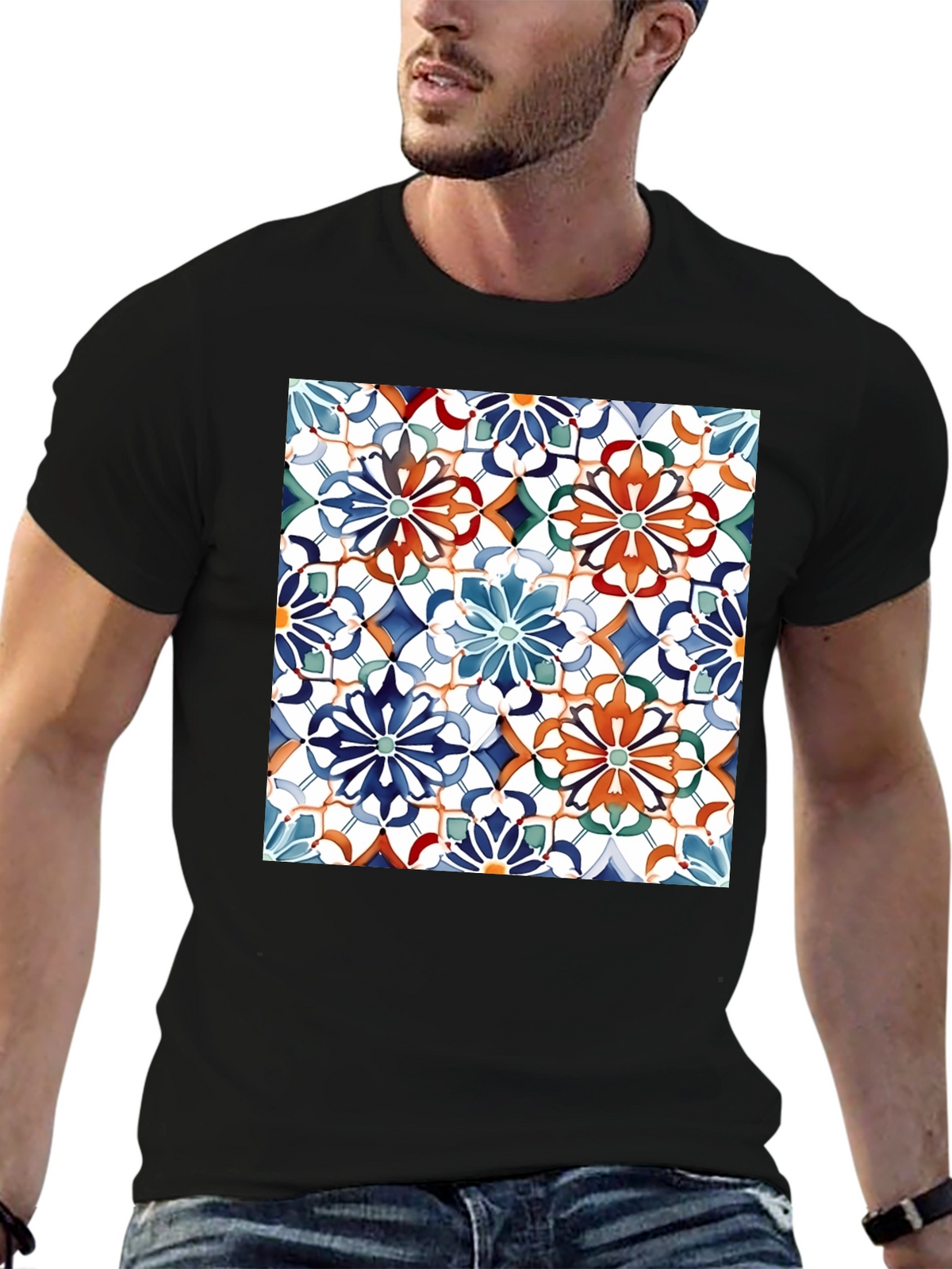 Floral Mosaic Print Black T-Shirt