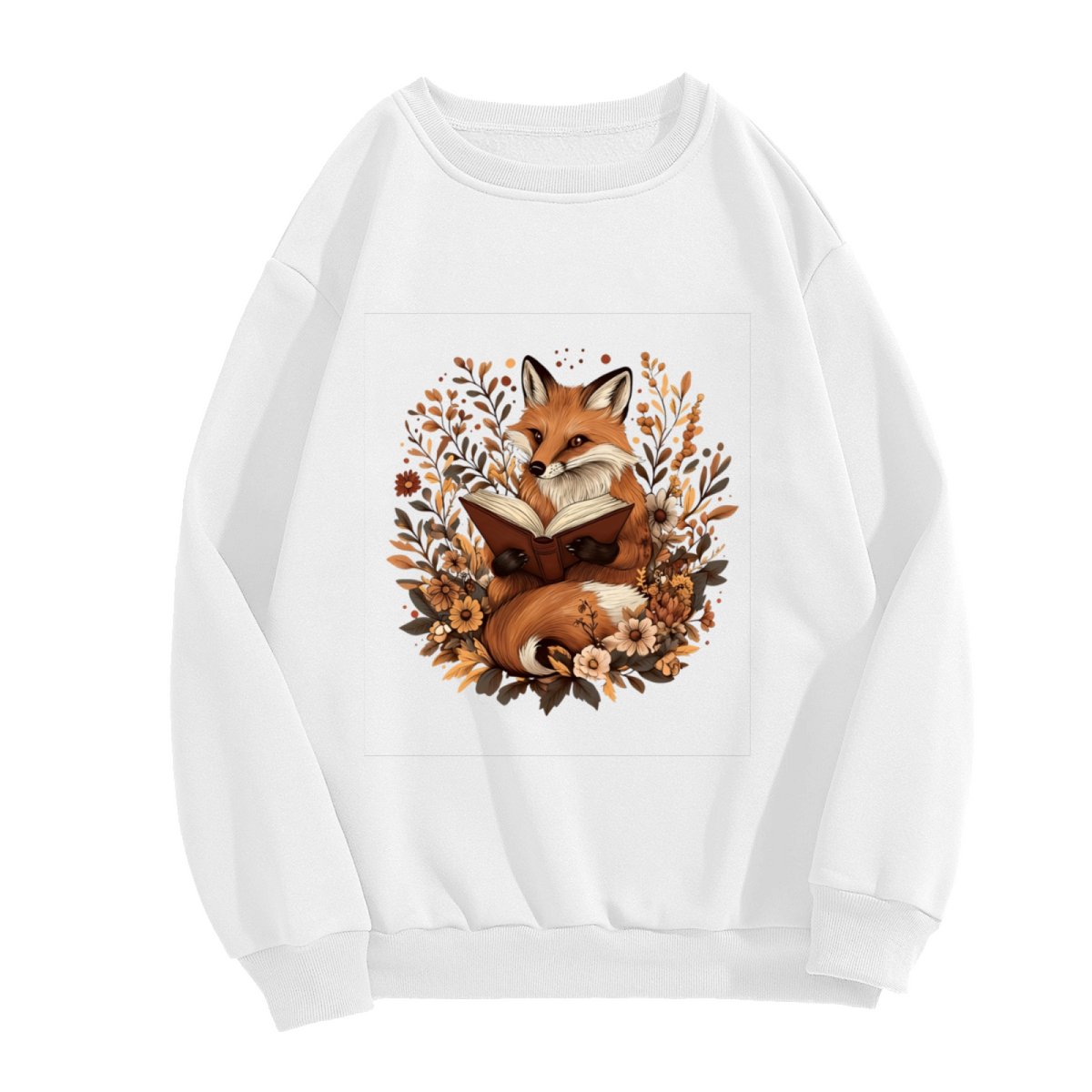 Whimsical Book?Loving Fox Floral Wreath Crewneck Sweatshirt
