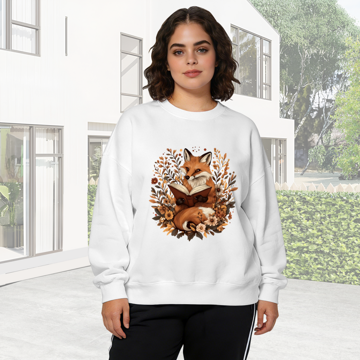Whimsical Book?Loving Fox Floral Wreath Crewneck Sweatshirt