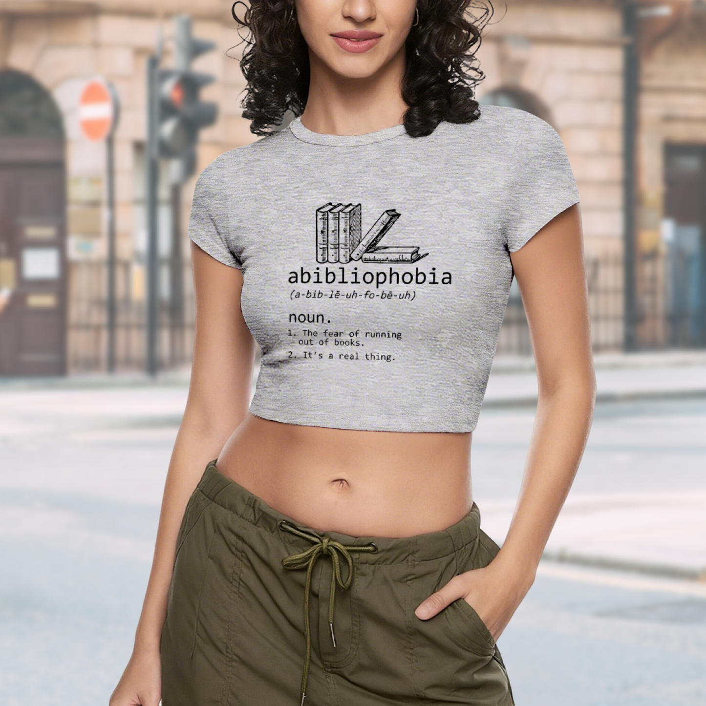 Abibliophobia Book Lover Funny Dictionary Grey Crop Top