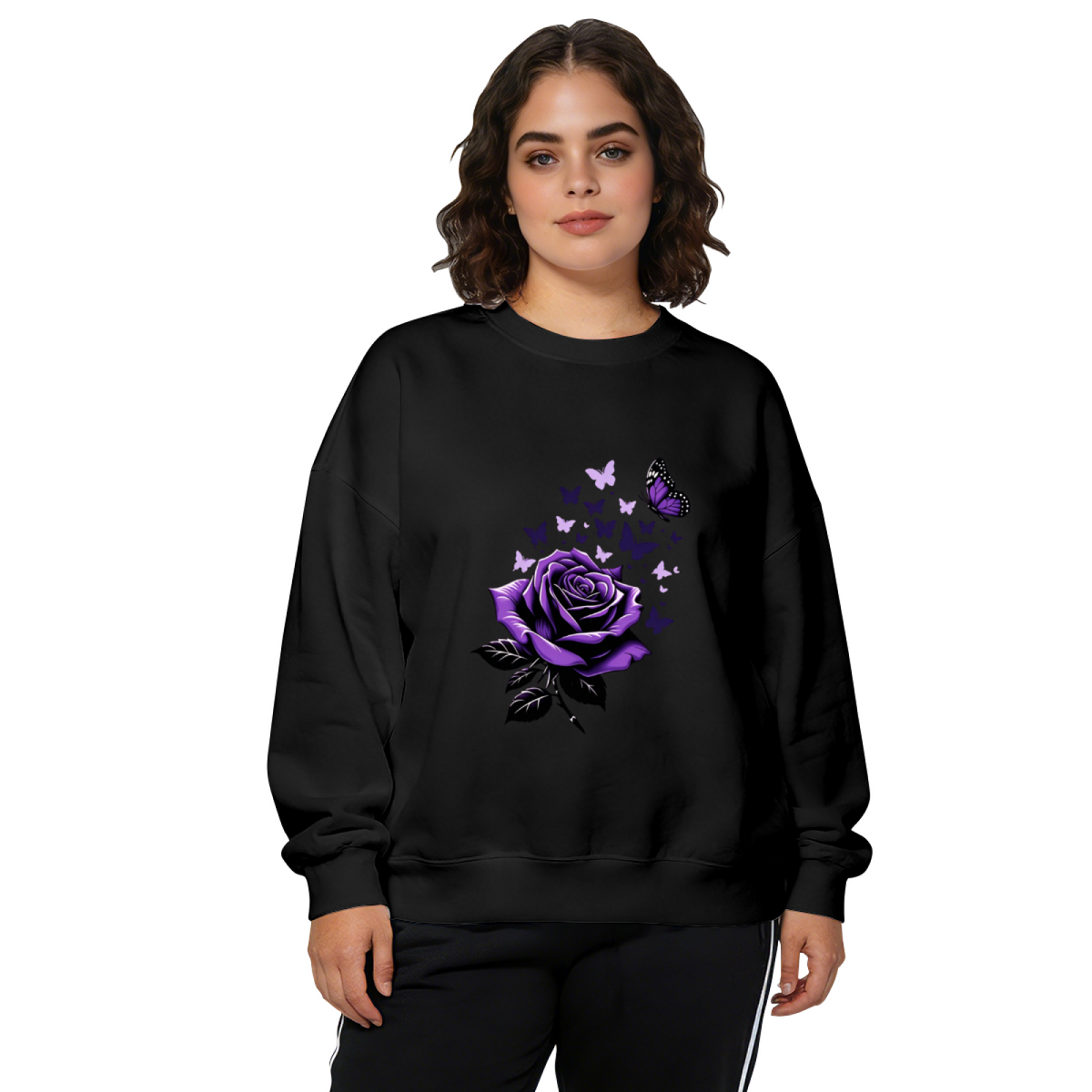 Purple Rose With Dreamy Butterflies Graphic Crewneck Sweatshirt