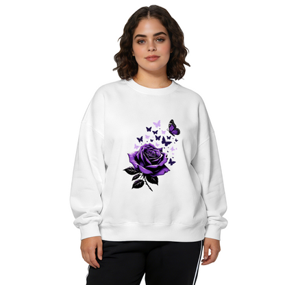 Purple Rose With Dreamy Butterflies Graphic Crewneck Sweatshirt