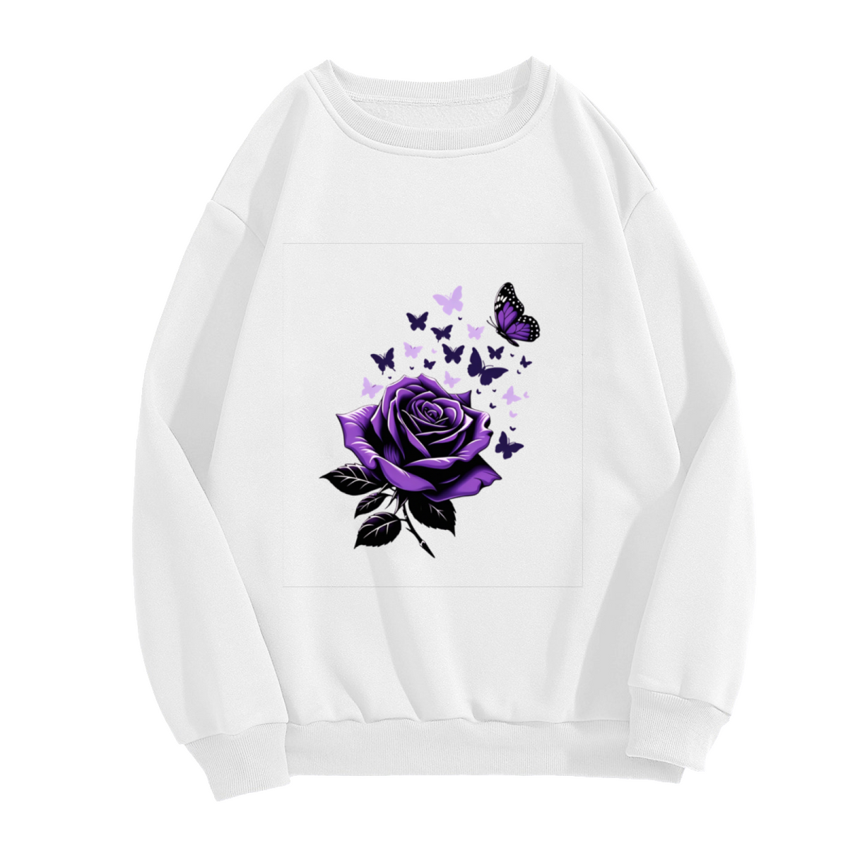 Purple Rose With Dreamy Butterflies Graphic Crewneck Sweatshirt