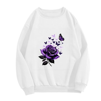 Purple Rose With Dreamy Butterflies Graphic Crewneck Sweatshirt
