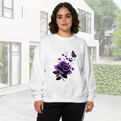 Purple Rose With Dreamy Butterflies Graphic Crewneck Sweatshirt