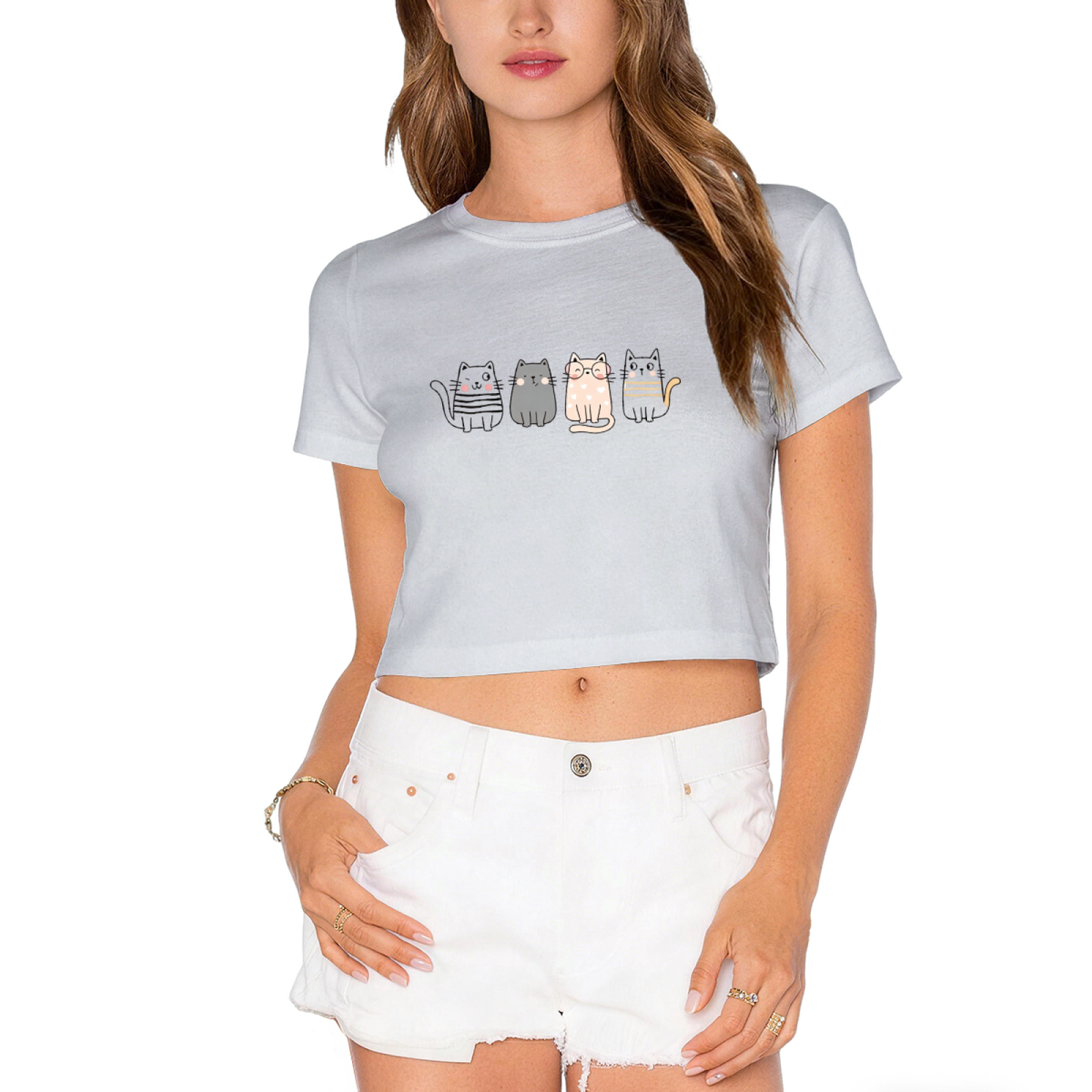 Four Cute Striped Kittens Lime Green Crop Top ¨C Kawaii Cat Mom Daily Casual Cropped Shirt