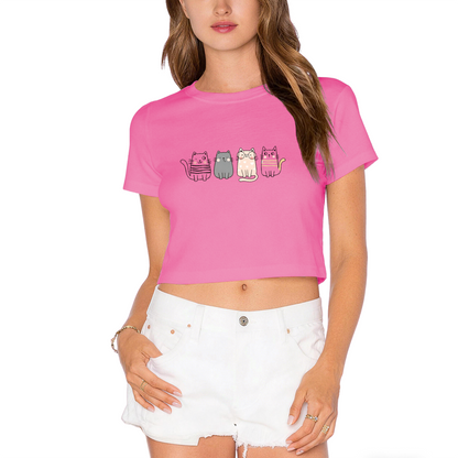 Four Cute Striped Kittens Lime Green Crop Top ¨C Kawaii Cat Mom Daily Casual Cropped Shirt