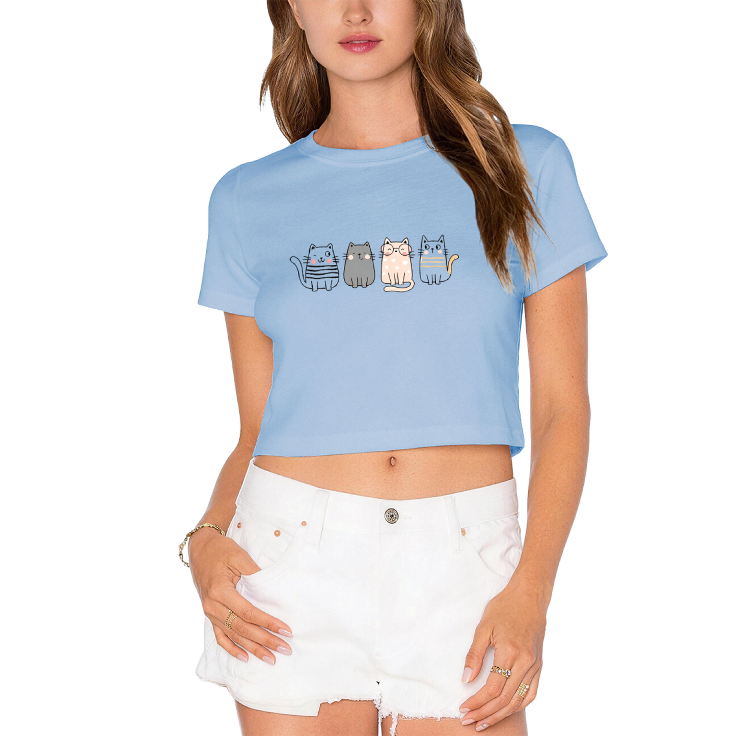 Four Cute Striped Kittens Lime Green Crop Top ¨C Kawaii Cat Mom Daily Casual Cropped Shirt