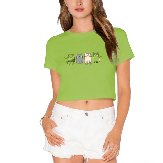 Four Cute Striped Kittens Lime Green Crop Top ¨C Kawaii Cat Mom Daily Casual Cropped Shirt