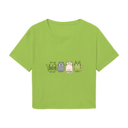 Four Cute Striped Kittens Lime Green Crop Top ¨C Kawaii Cat Mom Daily Casual Cropped Shirt