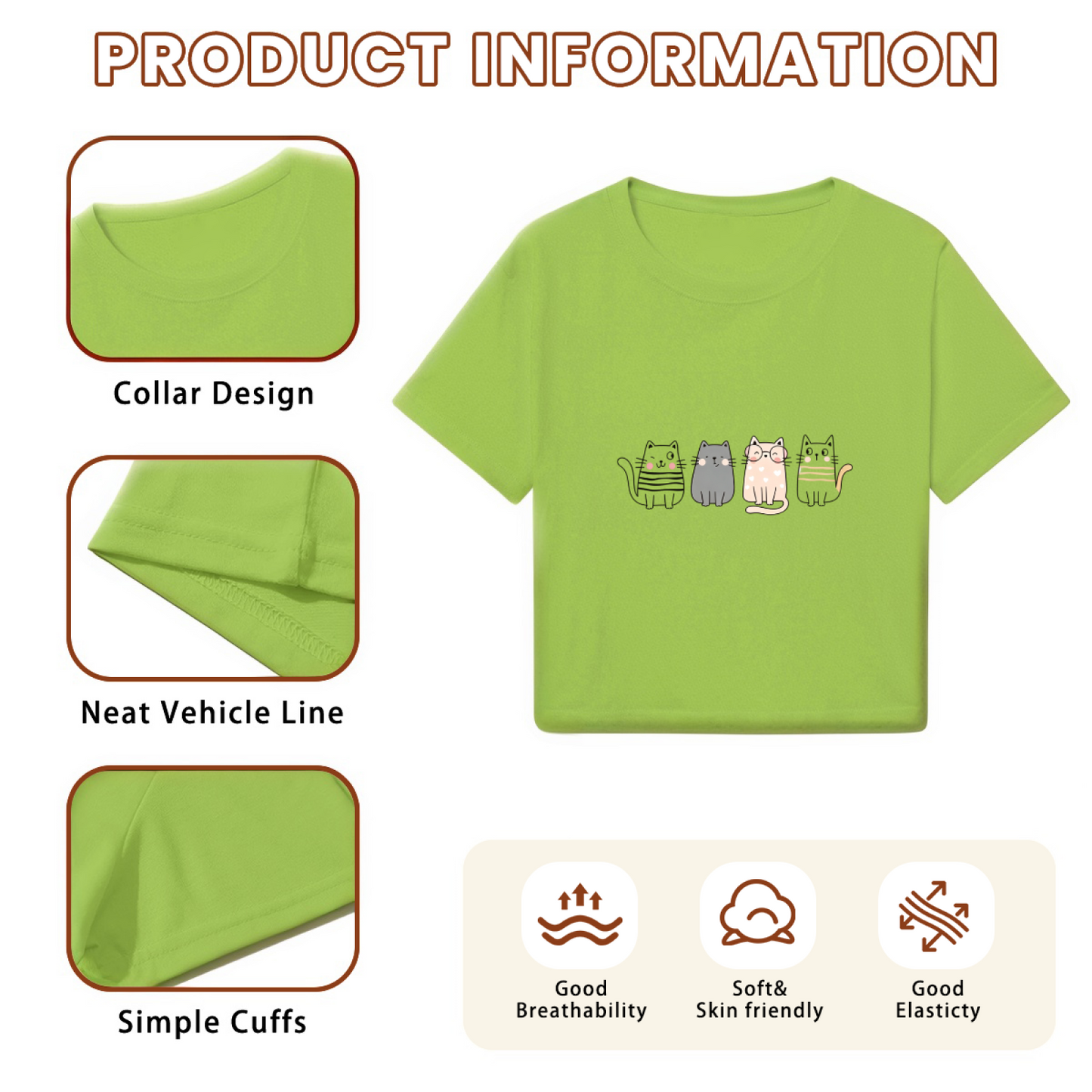 Four Cute Striped Kittens Lime Green Crop Top ¨C Kawaii Cat Mom Daily Casual Cropped Shirt