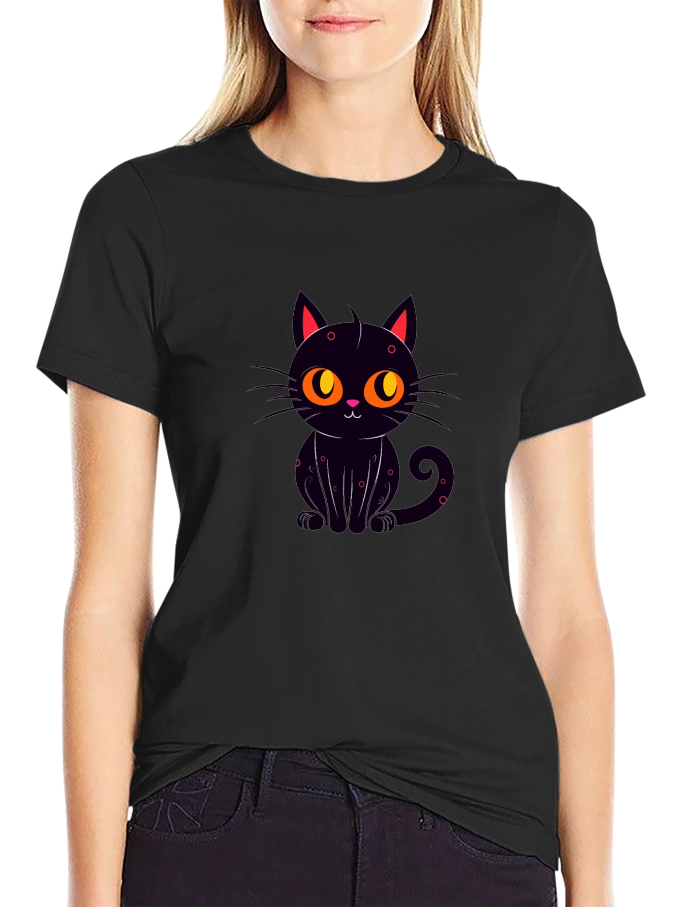 Black Cat Graphic Tee - Cute Cartoon Design