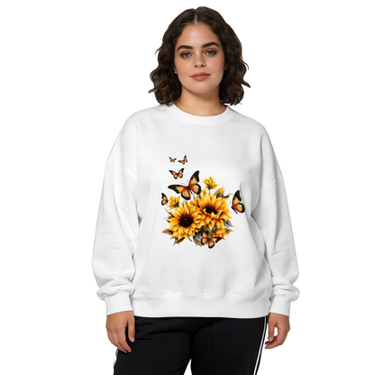 Vivid Sunflower And Monarch Butterflies White Crewneck Sweatshirt