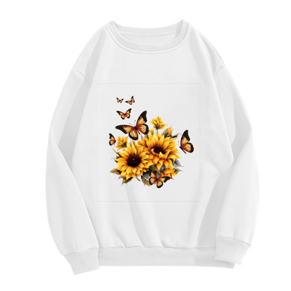 Vivid Sunflower And Monarch Butterflies White Crewneck Sweatshirt