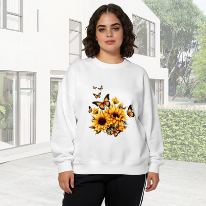 Vivid Sunflower And Monarch Butterflies White Crewneck Sweatshirt