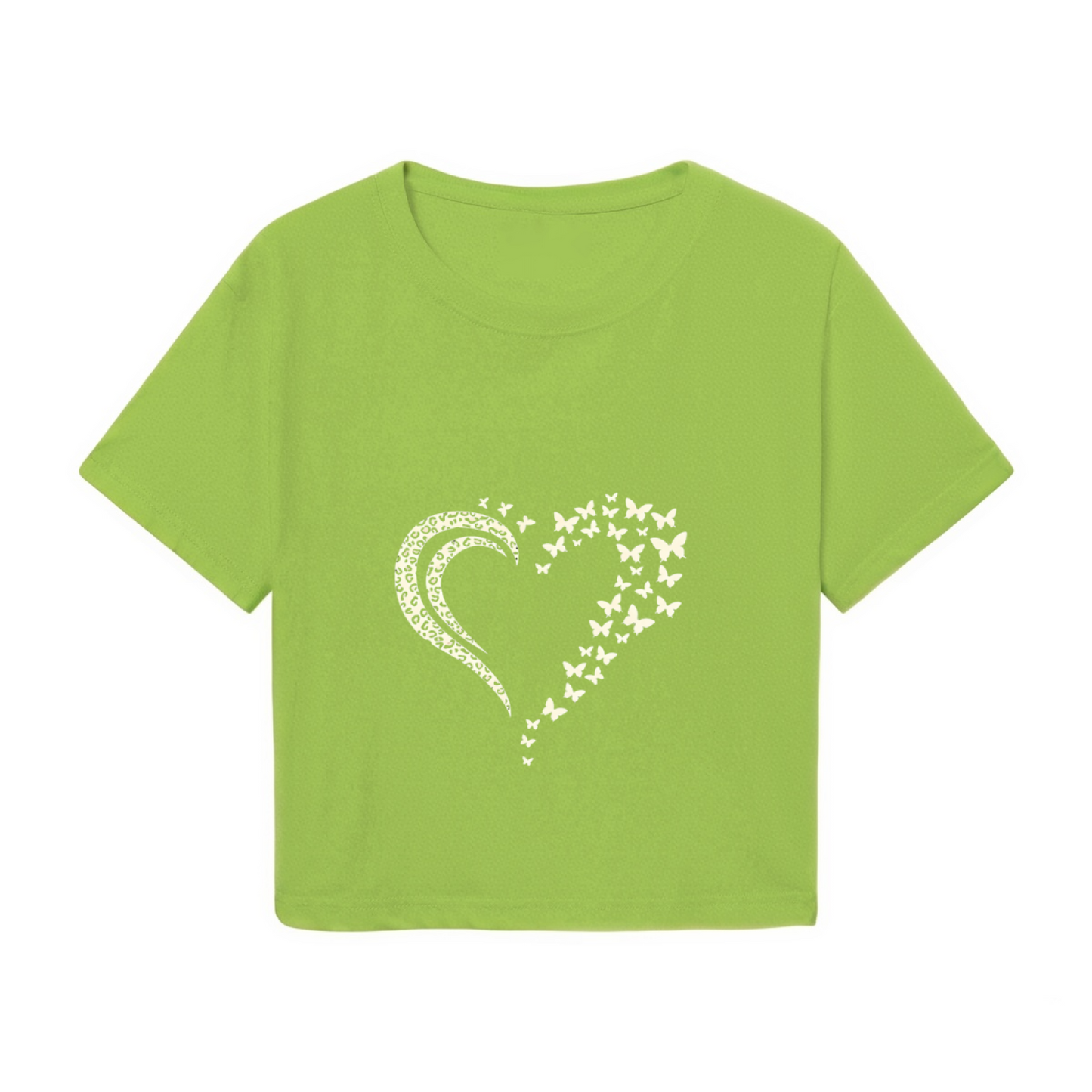 Fluttering Butterfly Heart Lime Green Cropped T-Shirt ¨C Cute Nature Aesthetic Top