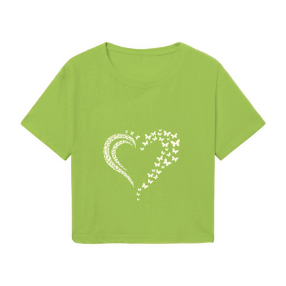 Fluttering Butterfly Heart Lime Green Cropped T-Shirt ¨C Cute Nature Aesthetic Top