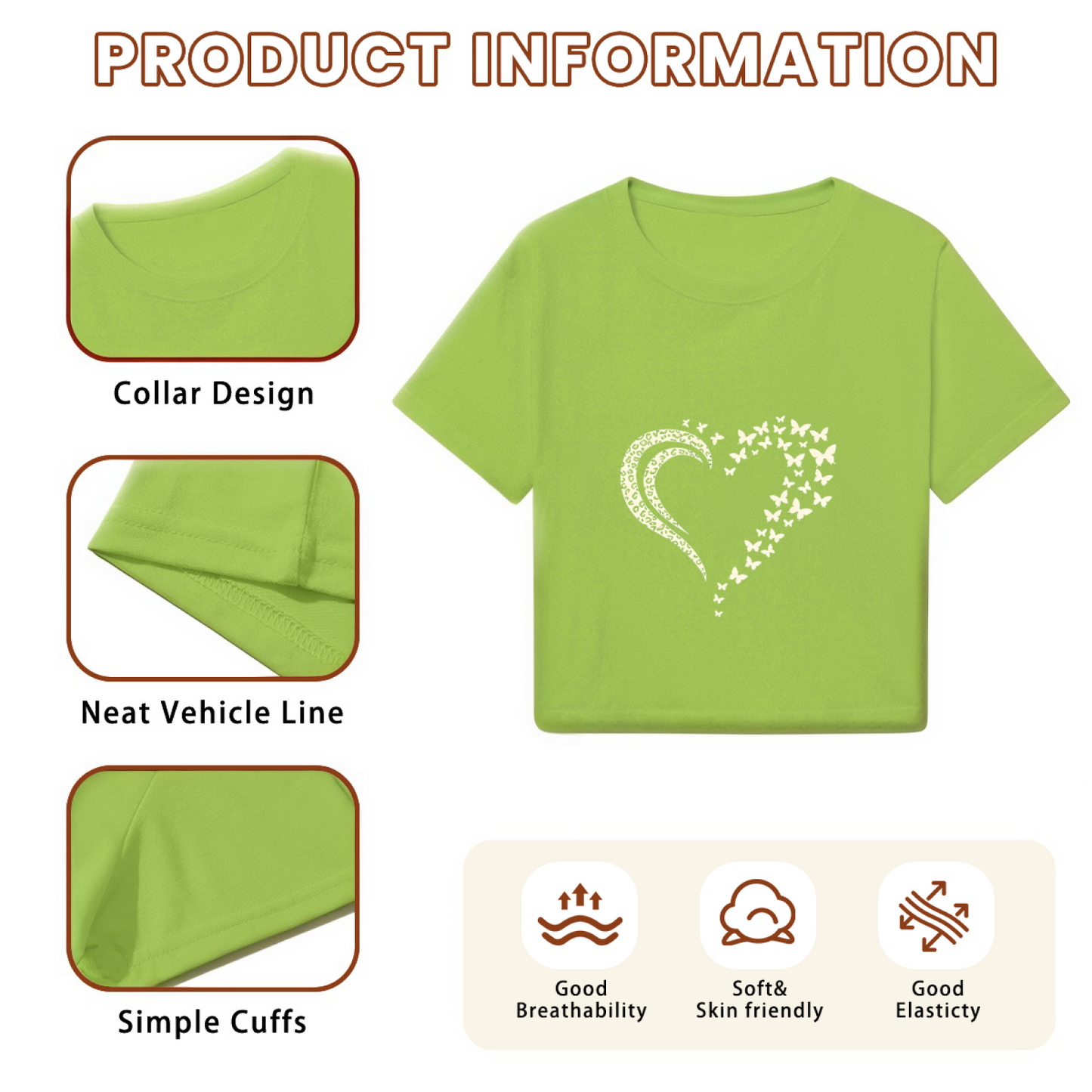Fluttering Butterfly Heart Lime Green Cropped T-Shirt ¨C Cute Nature Aesthetic Top
