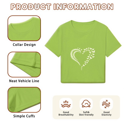 Fluttering Butterfly Heart Lime Green Cropped T-Shirt ¨C Cute Nature Aesthetic Top