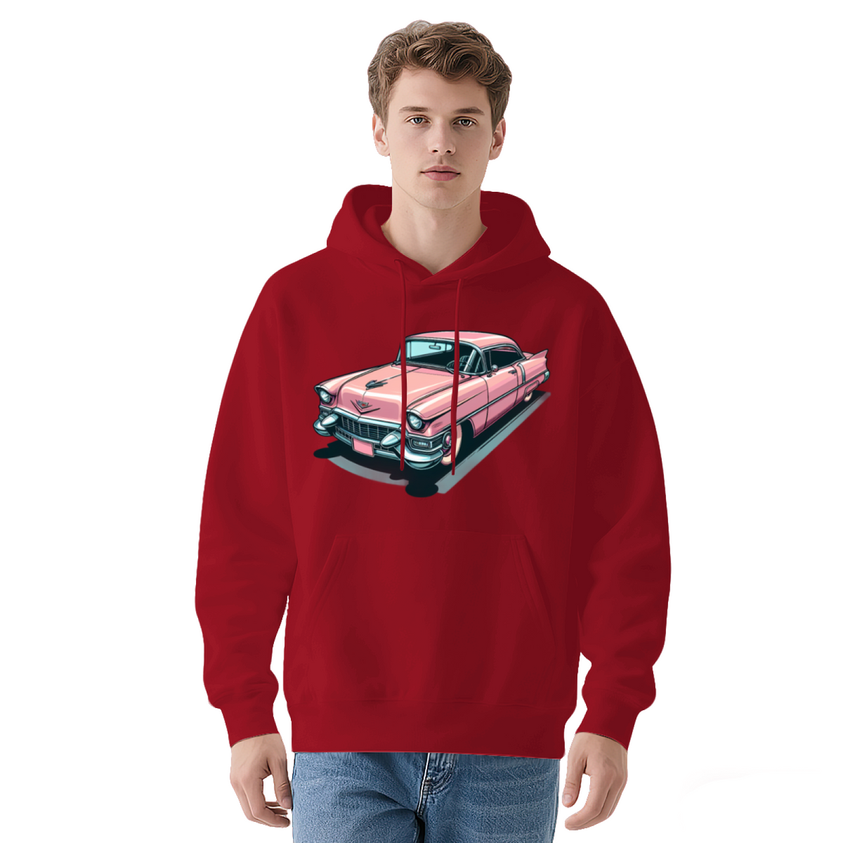 Retro Pink Classic Car Cartoon White Hoodie, Loose Comfort Vintage Pullover