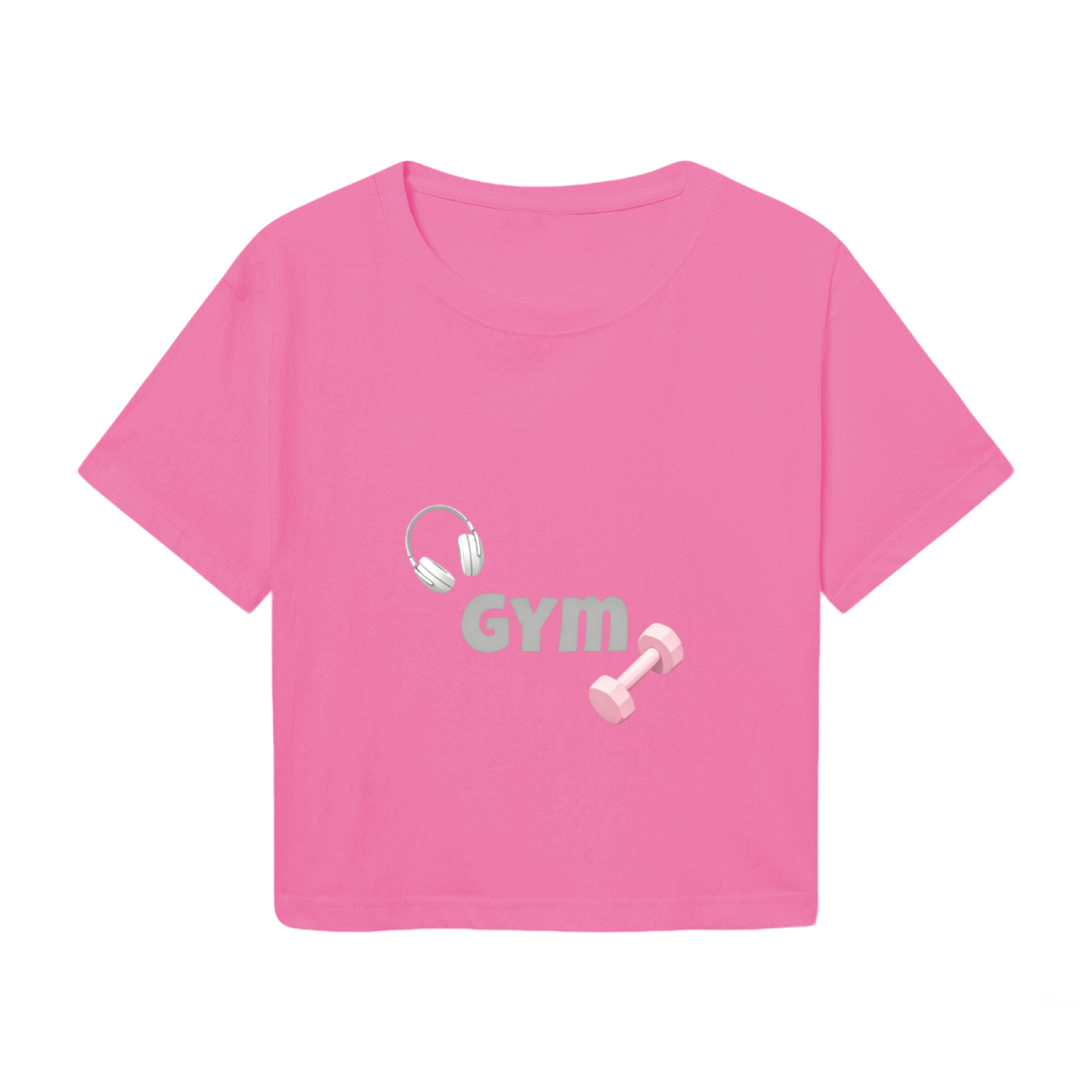 Cute Pink Fitness Crop Top With Gym Dumbbell & Headphone Graphics