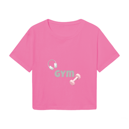 Cute Pink Fitness Crop Top With Gym Dumbbell & Headphone Graphics