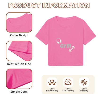 Cute Pink Fitness Crop Top With Gym Dumbbell & Headphone Graphics