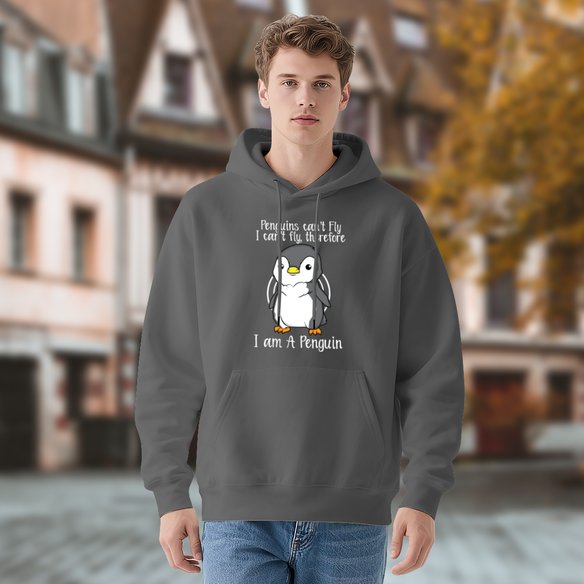 Cute Penguin Quote Gray Hoodie, Men Soft Warm Casual Pullover