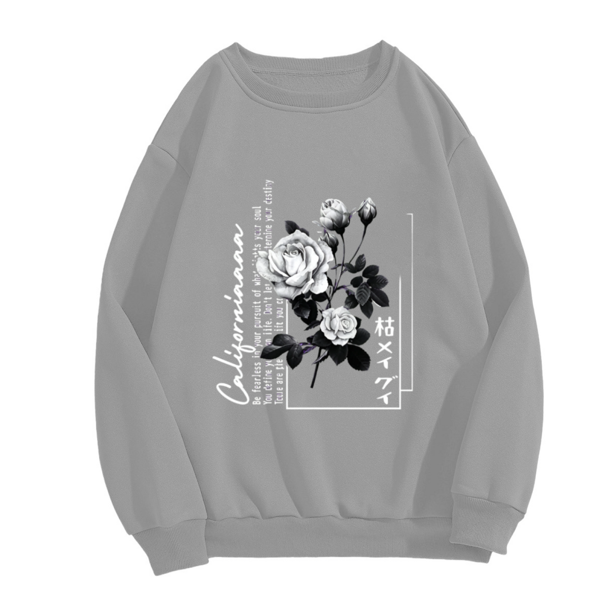 Vintage California Black Rose Japanese Text Grey Crewneck