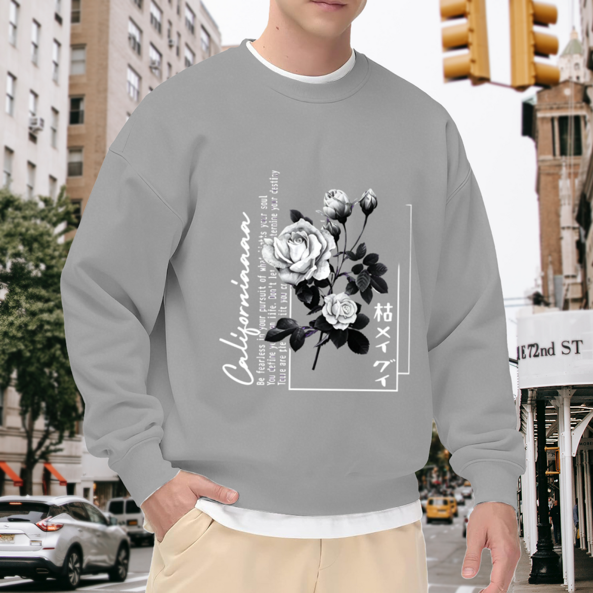 Vintage California Black Rose Japanese Text Grey Crewneck