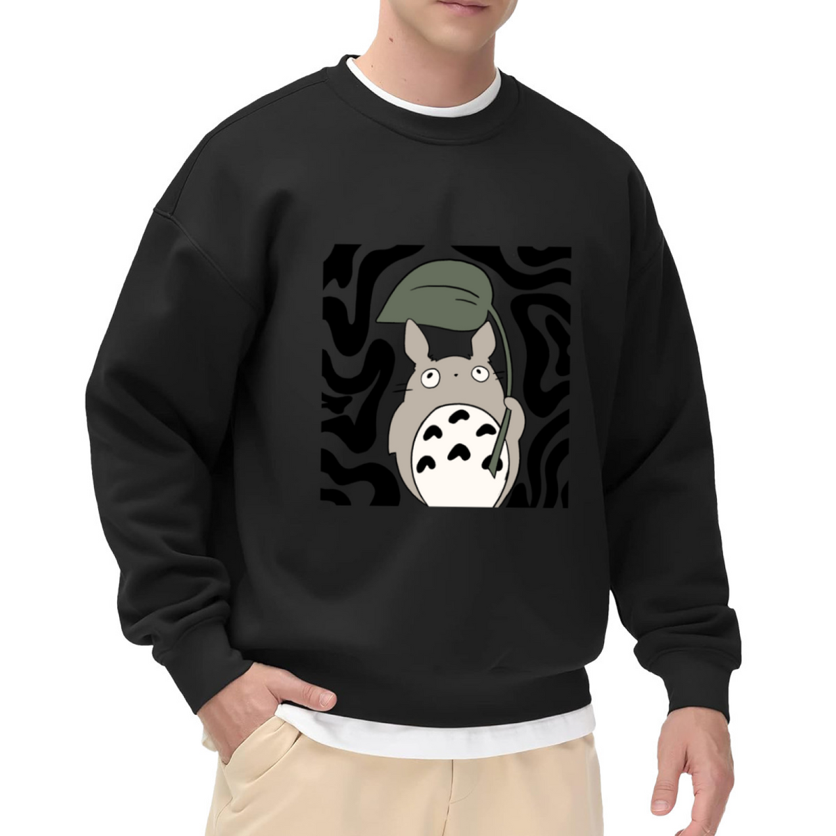 Cute Totoro Holding Leaf Anime Graphic Crewneck Sweatshirt