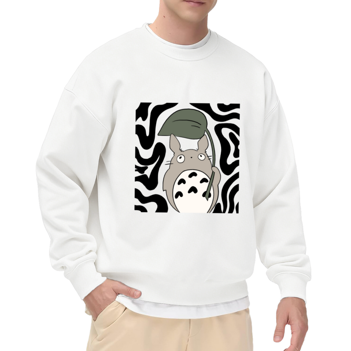 Cute Totoro Holding Leaf Anime Graphic Crewneck Sweatshirt
