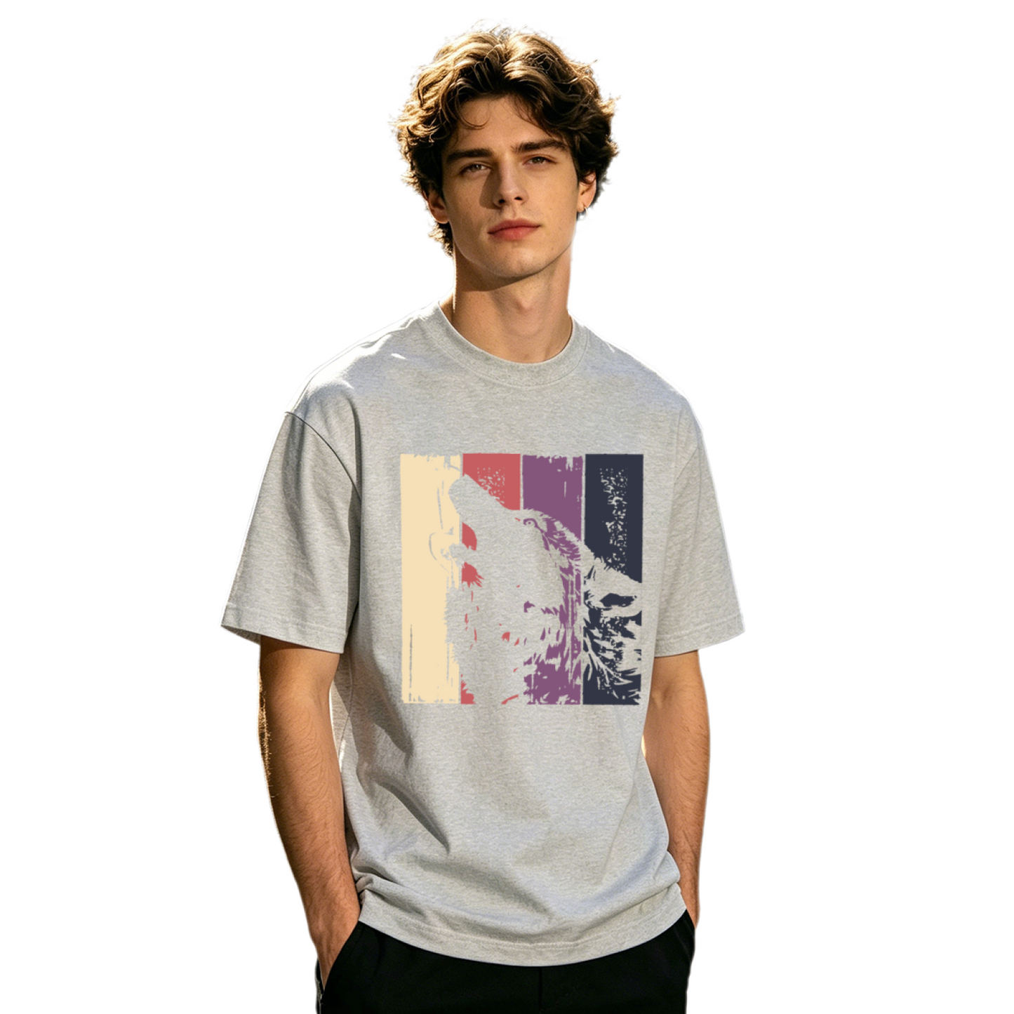 Men's Retro Striped Howling Wolf Vintage Wildlife Graphic Tee