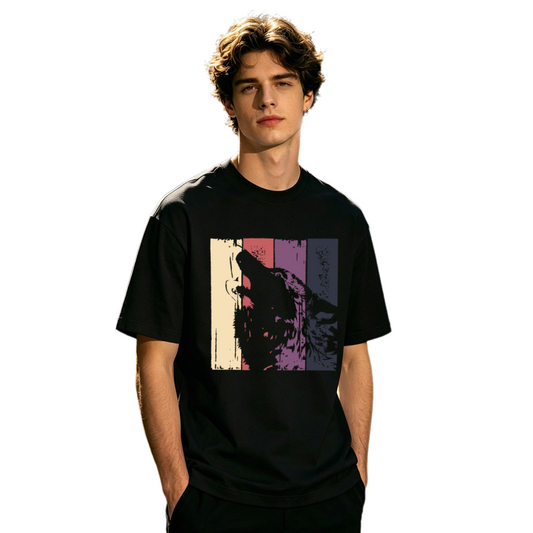 Men's Retro Striped Howling Wolf Vintage Wildlife Graphic Tee
